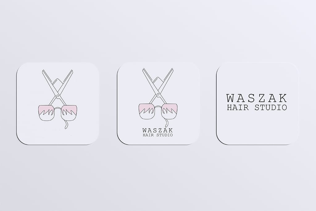 Sygnet i logotyp Waszak Hair Studio – trzy warianty logo na kwadratowych kartach