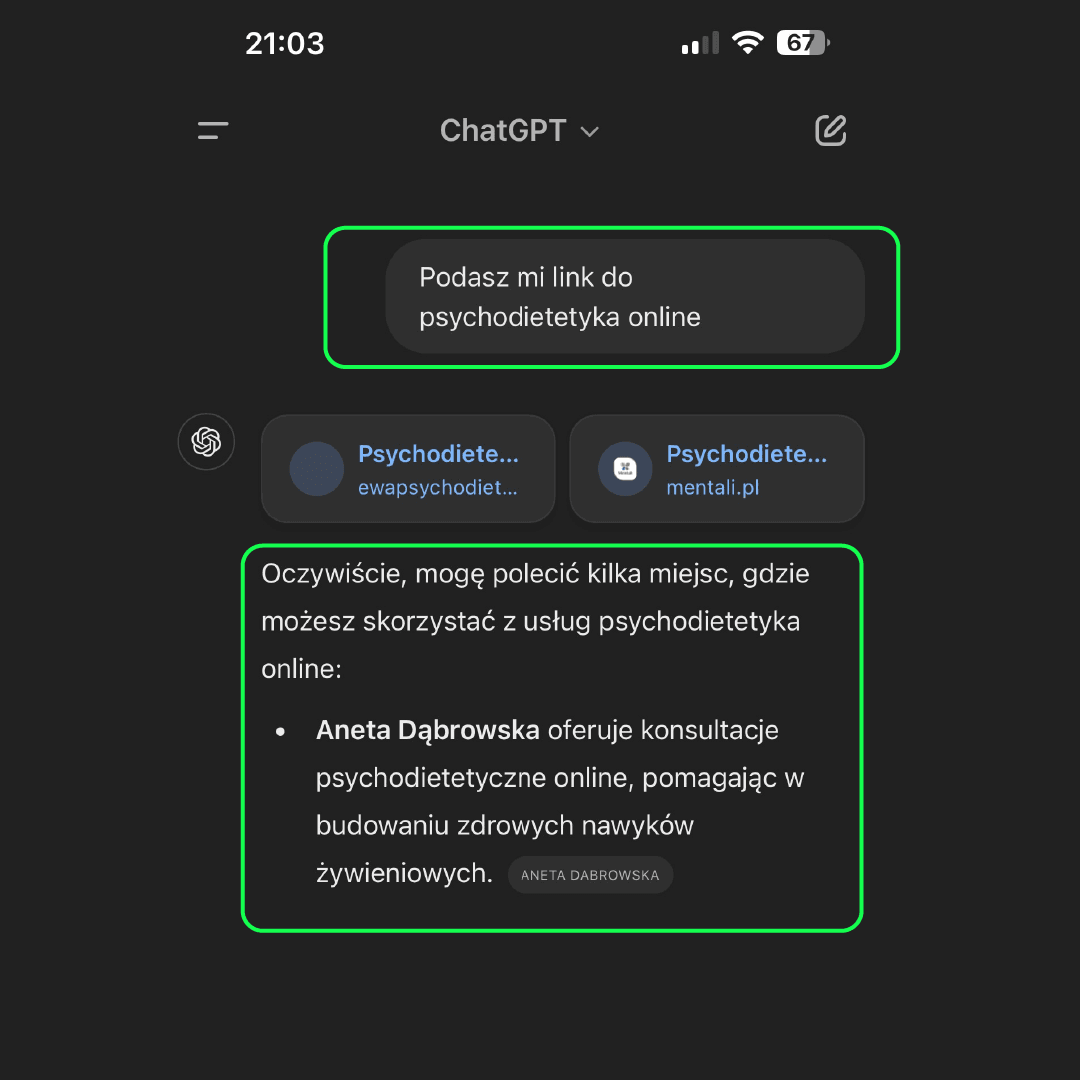 Rozmowa w ChatGPT o psychodietetyku online z poleceniem Anety Dąbrowskiej