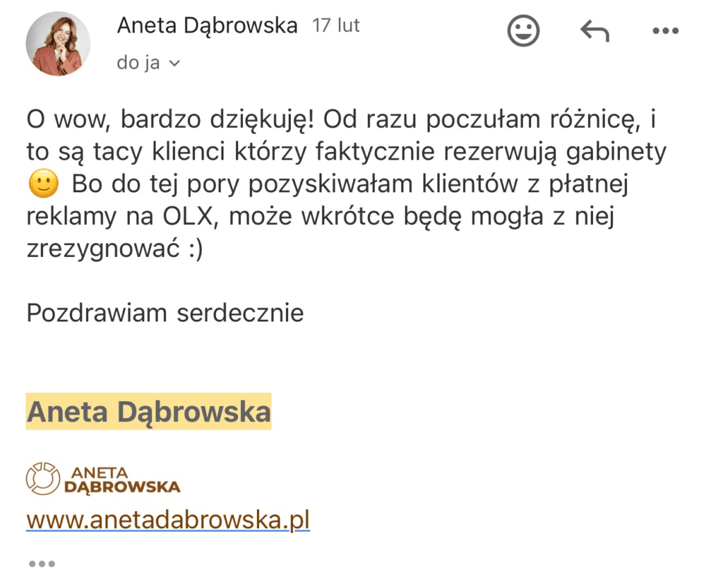 Opinia klientki Anety Dąbrowskiej o skuteczności współpracy ze Studiem Kreatywnych Stron – zwiększenie rezerwacji gabinetów i rezygnacja z reklamy OLX